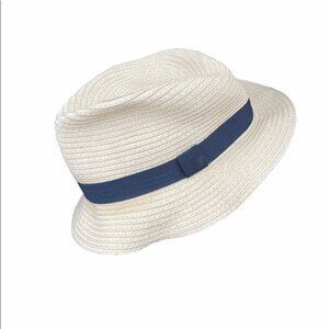 LOFT straw Fedora Pool Navy Blue Ribbon Bow beach hat Womens tan